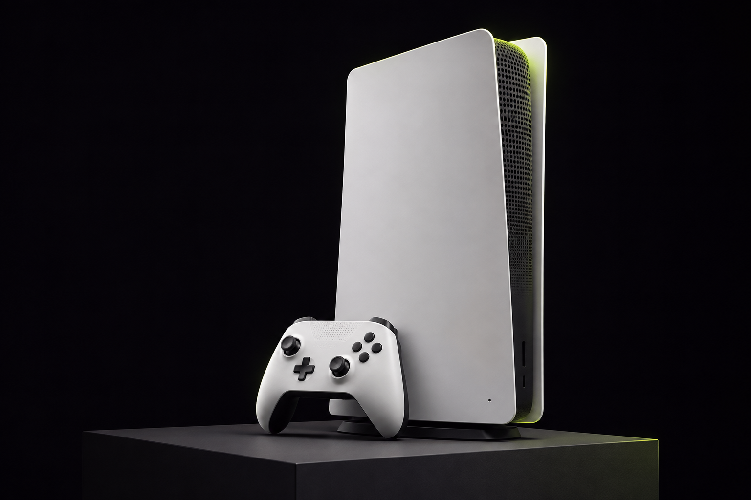 Unbranded white games console and controller on a dark studio plinth